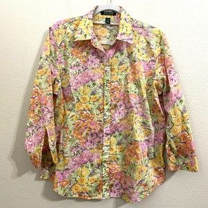 Lauren Ralph Lauren Shirt Size XL Floral Button Front Cotton